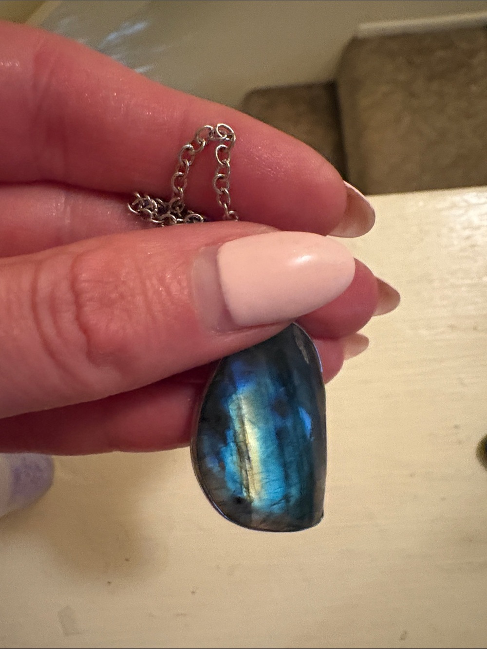 Labradorite Teardrop Pendant Necklace - Iridescent Blue-Green